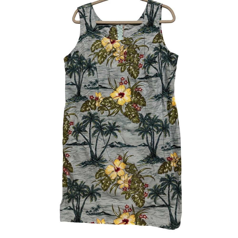 Vintage Bishop St. Tropical Palm Hibiscus Cotton Shift Dress Blue XXL 2X Resort